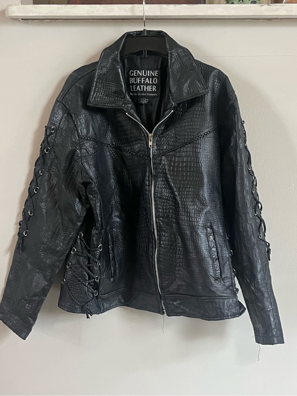 Women's Black Genuine Buffalo Leather Embroidered Rose Motorcycle Jacket SZ 2XL